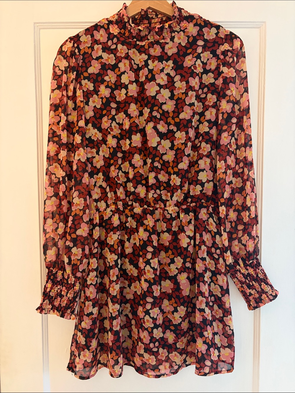 Sanctuary Floral Long-Sleeve Mini Dress in Burgundy, Pink and Yellow